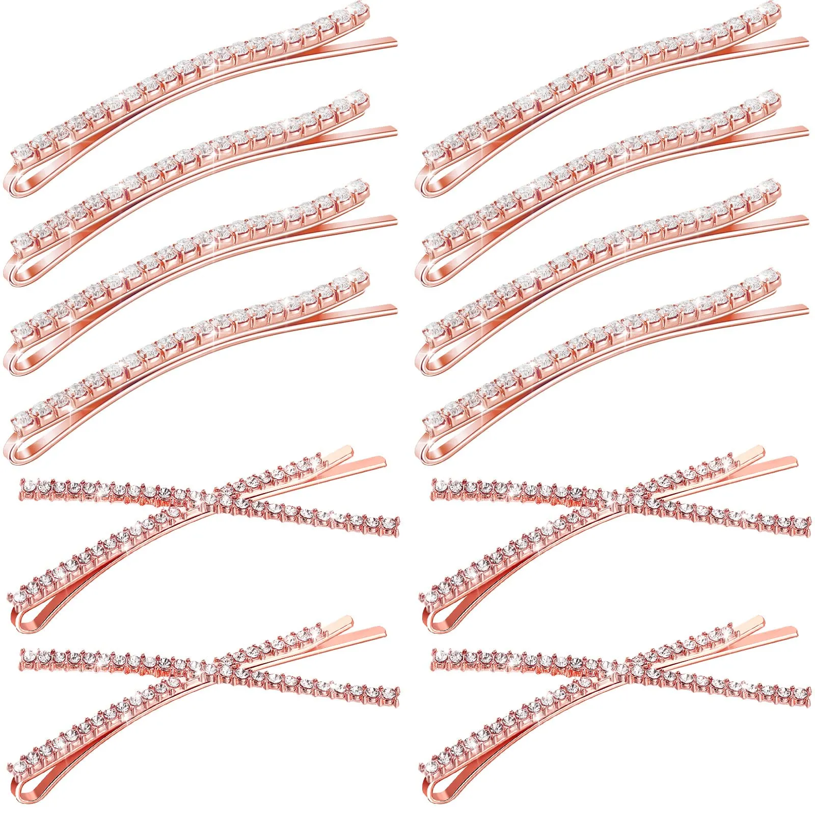 12 Pieces Rhinestone Bobby Pins Decorative Fancy Crystal Hair Clips Shiny Metal X Shaped Barrettes Bling Diamond Wedding Bridal Shower Hair Accessories for Women Ladies Girls (Rose Gold)