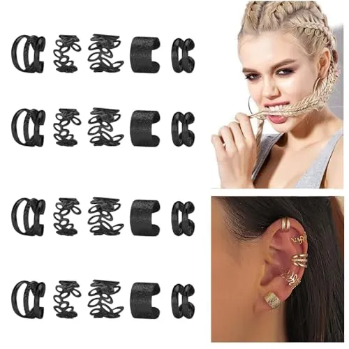 20 PCS Hair Jewelry for Braids with Crystal Rhinestone for Women Men Hair Accessories Braids, Dreadlock Braid Clips Non-Piercing Ear Cuffs Clip Jewelry (Black)