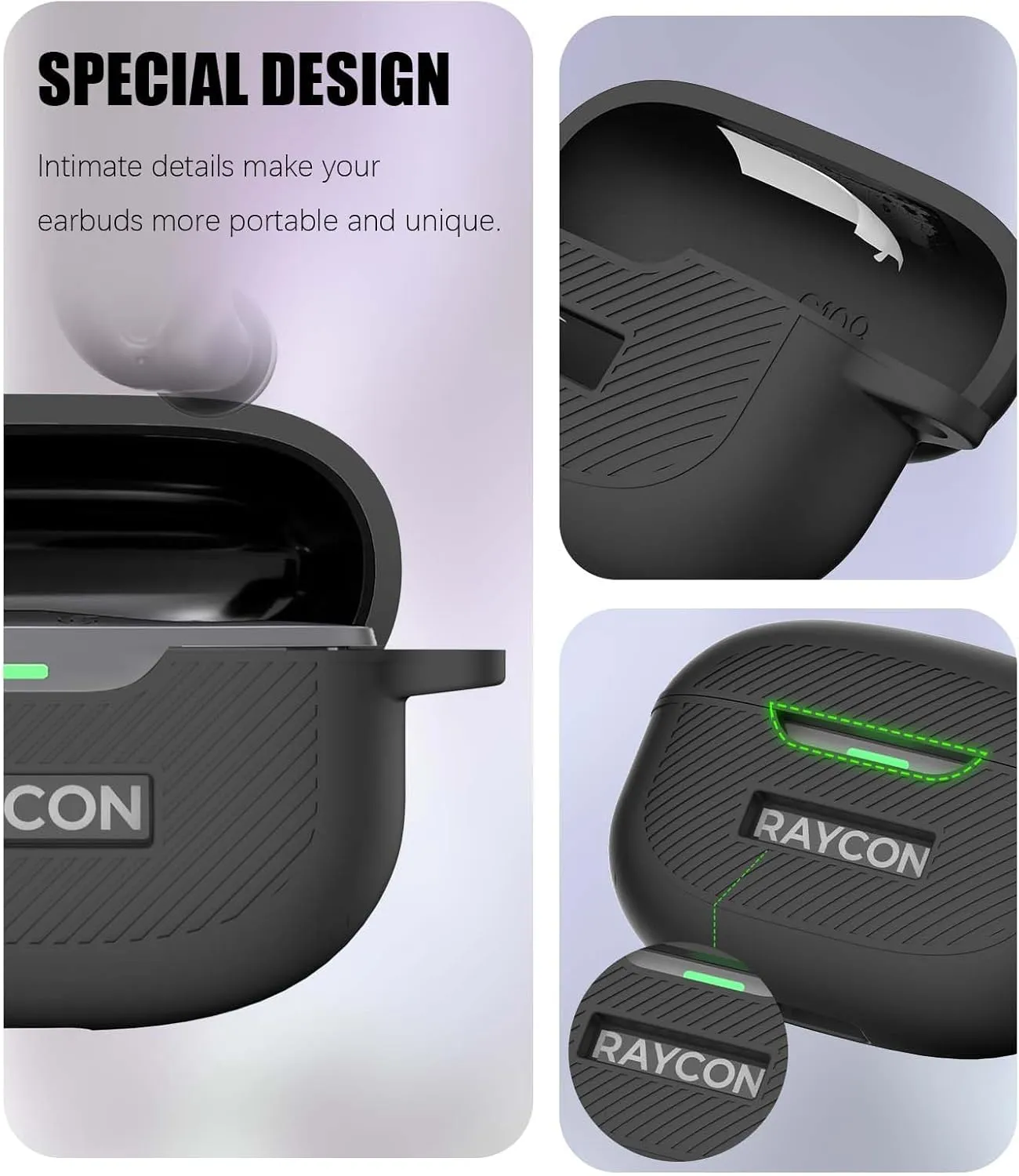 [3 in 1] for Raycon Everyday Earbuds(2024 Edition) Case Cover with Cleaner kit, Logo Visible Design Shockproof Silicone Protective Cover for Raycon Everyday Earbuds with Carabiner-Black
