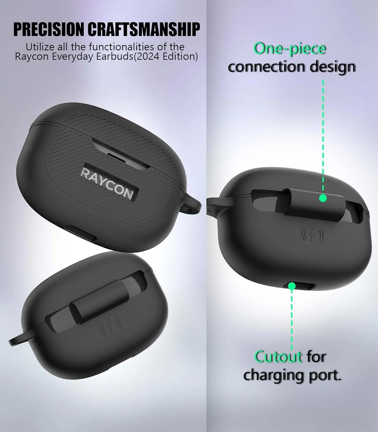 [3 in 1] for Raycon Everyday Earbuds(2024 Edition) Case Cover with Cleaner kit, Logo Visible Design Shockproof Silicone Protective Cover for Raycon Everyday Earbuds with Carabiner-Black