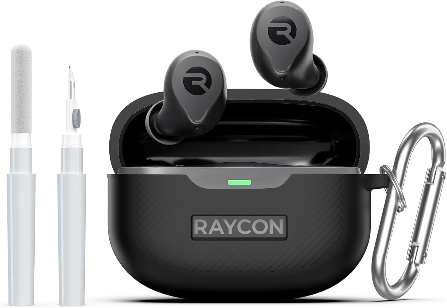 [3 in 1] for Raycon Everyday Earbuds(2024 Edition) Case Cover with Cleaner kit, Logo Visible Design Shockproof Silicone Protective Cover for Raycon Everyday Earbuds with Carabiner-Black