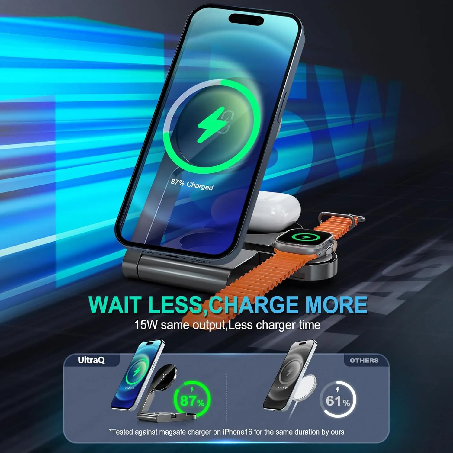 3 in 1 Wireless Charging Station, Ultrathin Foldable Aluminum Alloy Wireless Charger for iPhone 16/15/14/13/12 Series, AirPods Magsafe Charger for iWatch Series (Luxury Black)