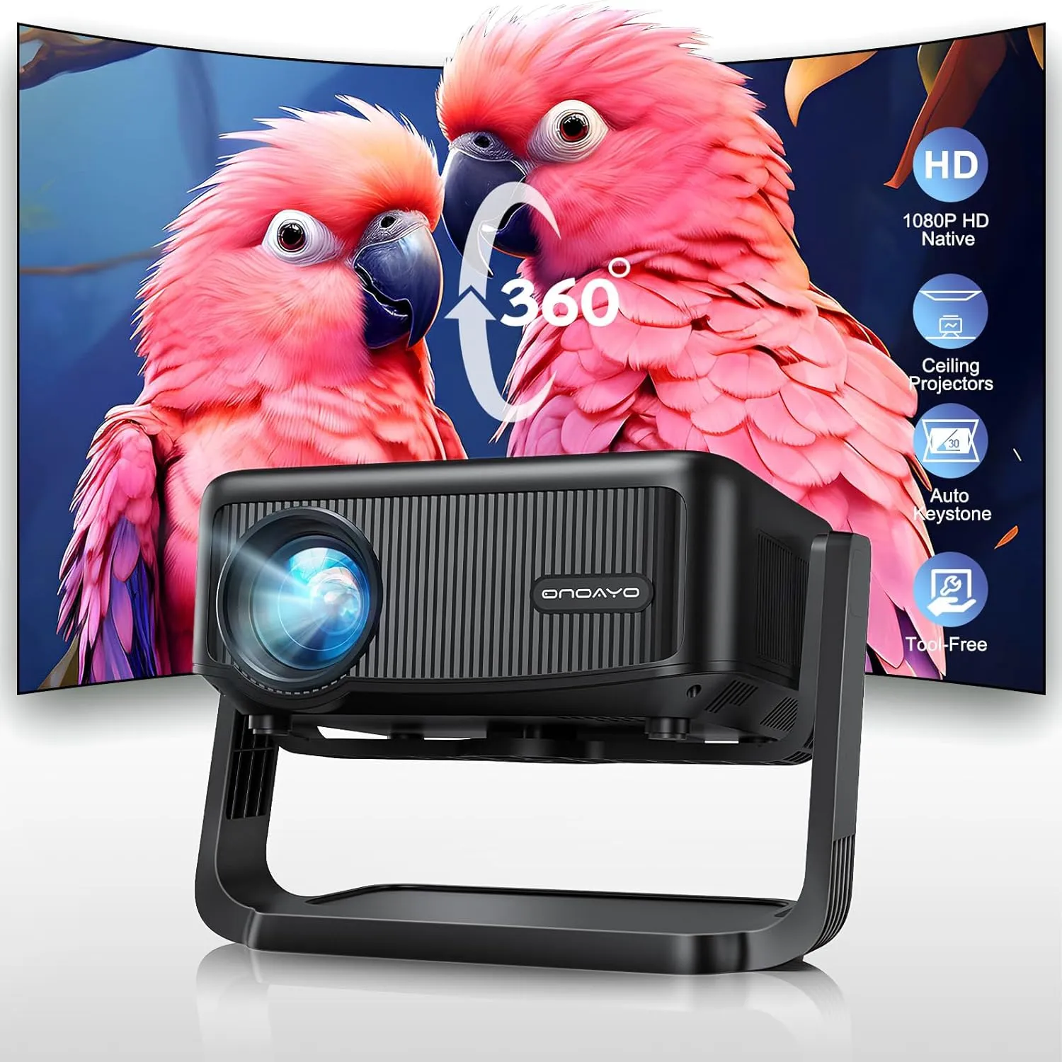 [360Adjustable Stand] Mini Projector with WiFi and Bluetooth: Electric Focus & Auto Keystone 1080P 500 ANSI Bluetooth Projector, ONOAYO AY3 Portable Movie Phone Projector for Home Upgrade Black