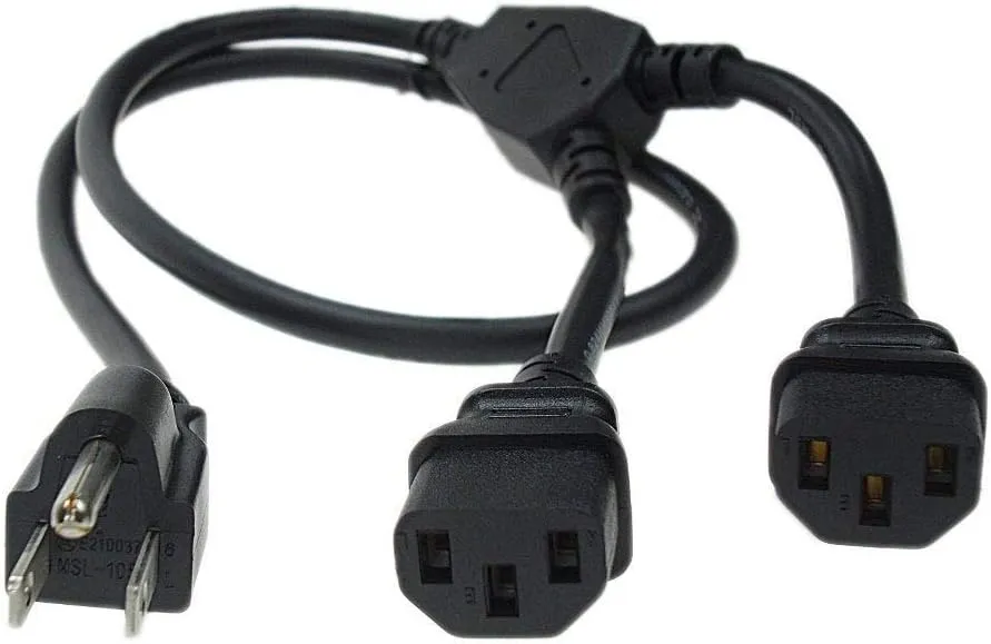 3ft NEMA 5-15P to C13 X 2 18AWG SJT Power Cord Splitter, 110/120 Volt, Compatible for Monitors, PCs, Printers