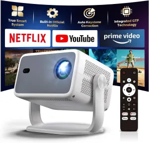 4k Projector with WiFi and Bluetooth, Official Netflix & Autofocus, FULL HD 4K Supported Projector, Dolby Atmos & Auto Keystone with Apps Built-in, ChatGPT Voice Remote Home Video Projector