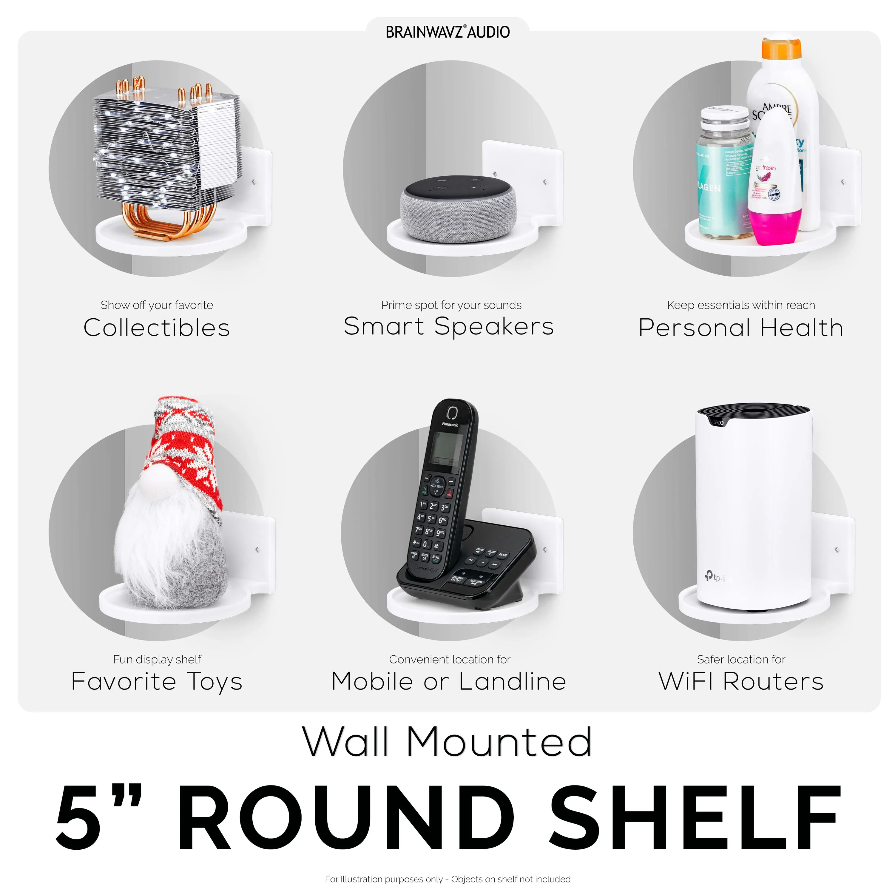5 Round Floating Shelf, Screw & Adhesive, for Security Cameras, Baby Monitors, Speakers, Plants & More