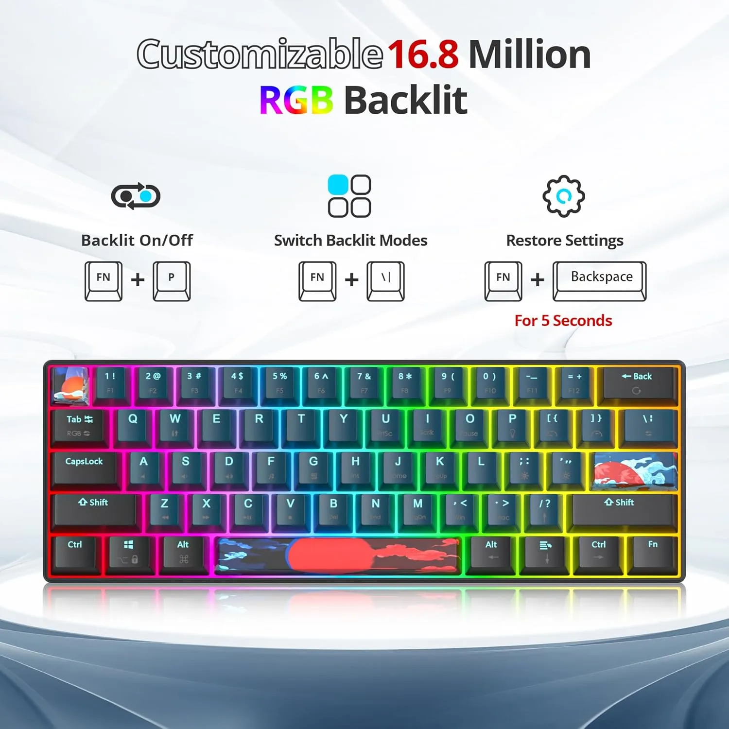 60% Mechanical Keyboard Black and Blue, Compact 60 Percent Gaming Keyboard RGB Backlit, 61 Keys Red Switches Mini Keyboard, USB Wired Office Keyboard for Windows Mac Laptop PC (61 Monster)