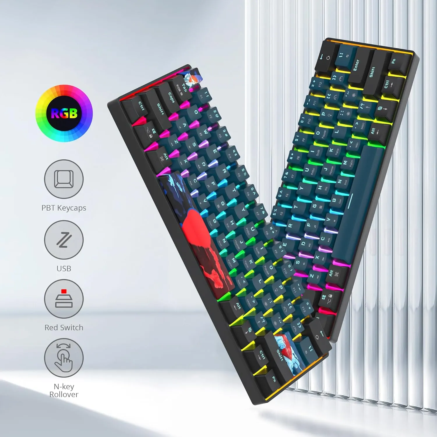 60% Mechanical Keyboard Black and Blue, Compact 60 Percent Gaming Keyboard RGB Backlit, 61 Keys Red Switches Mini Keyboard, USB Wired Office Keyboard for Windows Mac Laptop PC (61 Monster)