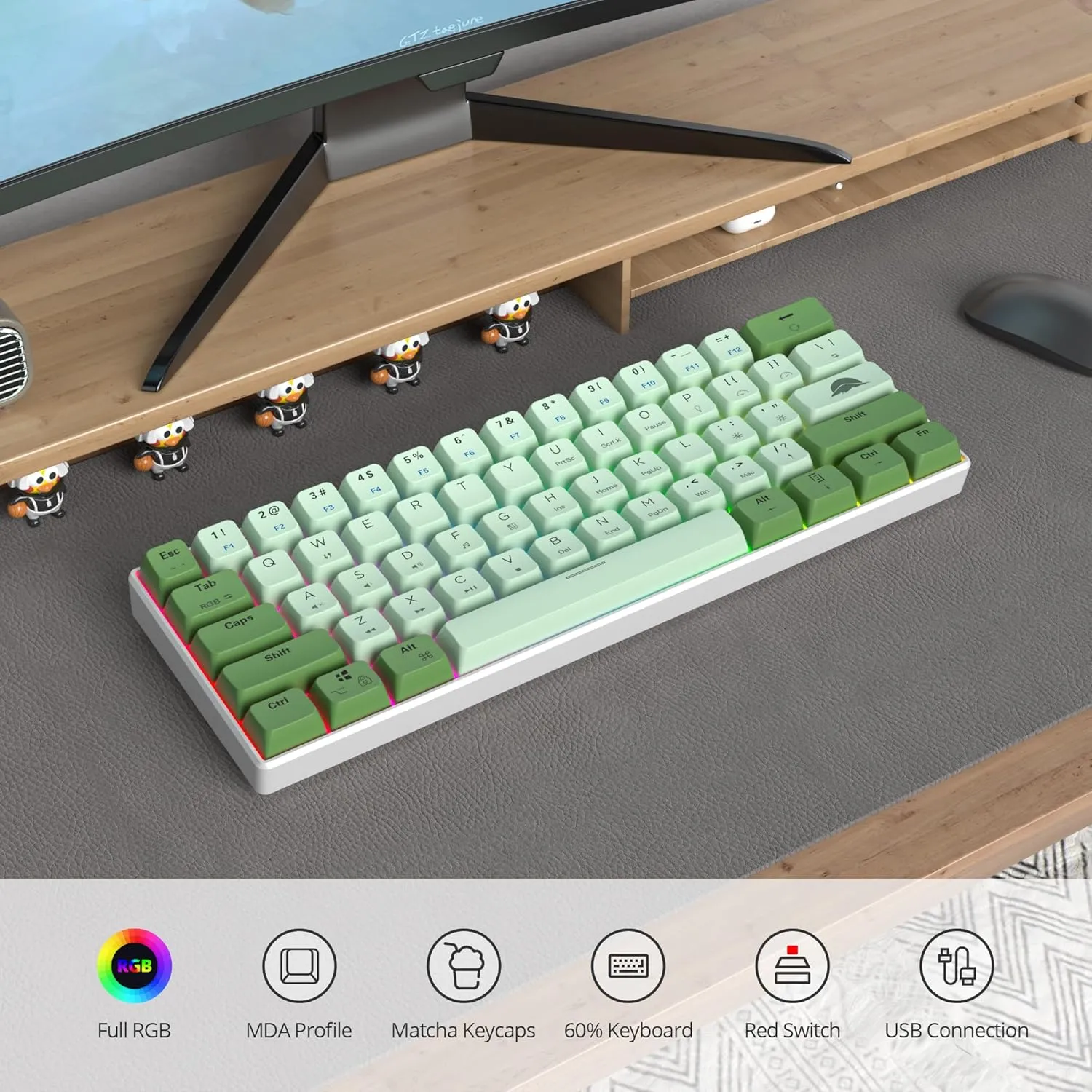 60 Percent Gaming Keyboard Green Matcha Keyboard 61 Keys Wired Mechanical Keyboard Red Switch RGB MDA Keycaps for Windows PC Laptop Gamers(61 Matcha)