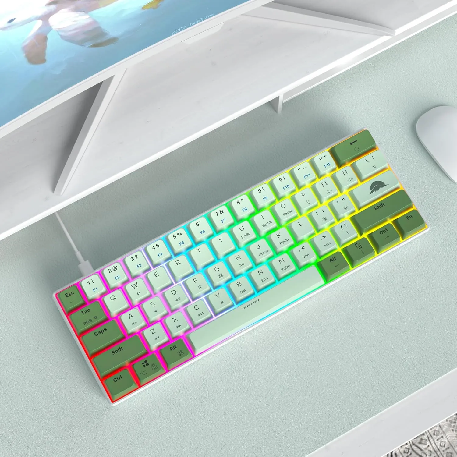 60 Percent Gaming Keyboard Green Matcha Keyboard 61 Keys Wired Mechanical Keyboard Red Switch RGB MDA Keycaps for Windows PC Laptop Gamers(61 Matcha)