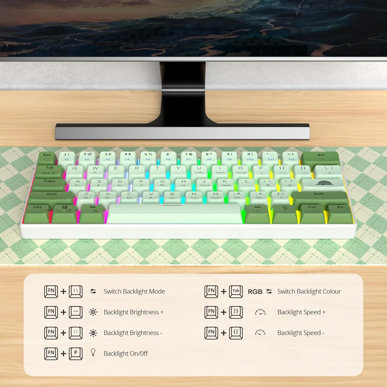 60 Percent Gaming Keyboard Green Matcha Keyboard 61 Keys Wired Mechanical Keyboard Red Switch RGB MDA Keycaps for Windows PC Laptop Gamers(61 Matcha)