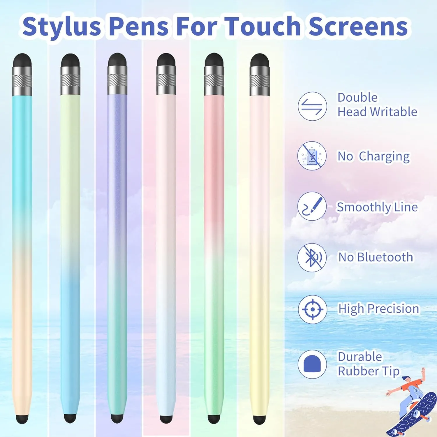 6Pcs Stylus, Stylus Pen for Touchscreen, 2-in-1 Stylus Pen for iPad, High Precision and Sensitivity Double Rubber Tips, Compatible with iPad/iPhone/Android Tablets and Touch Screen (B-Gradient Color)