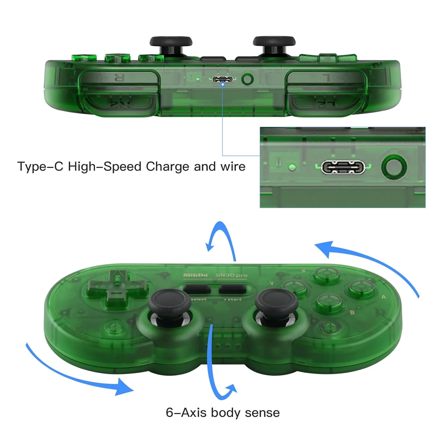 8Bitdo SN30 Pro Wireless Bluetooth Controller (Hall Effect Joystick Update) with Joysticks Rumble Vibration USB-C Cable Gamepad Compatible with Switch,Windows, Mac OS, Android, Steam (Jade Green)