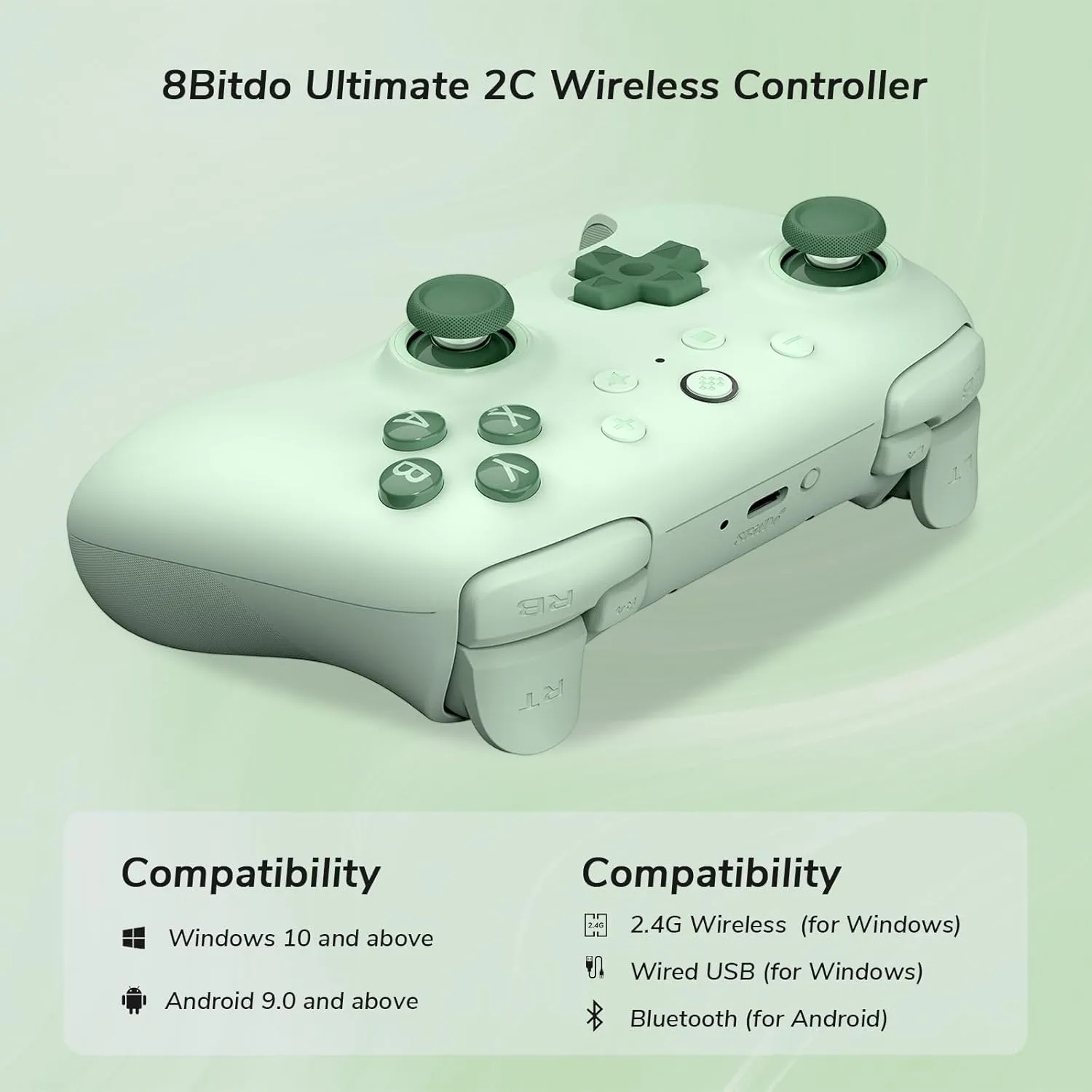 8Bitdo Ultimate 2C Wireless Controller (Hall Effect Joystick Update) for Windows PC and Android, with 1000Hz Polling Rate, Remappable L4/R4 Bumpers, Rumble Vibration and Turbo Function (Green)