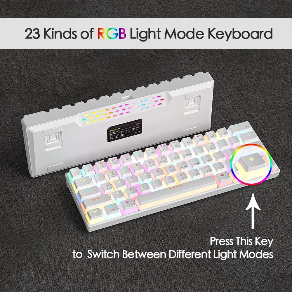abucow Mechanical Keyboard Wired 60% Gaming Keyboard with 18 Style Colorful RGB Backlit Custom 63 Swappable keycaps (White&RGB)