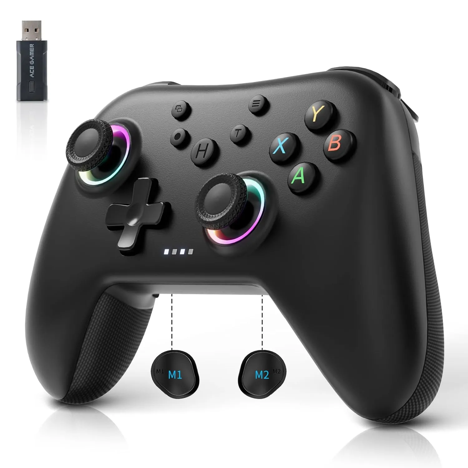 AceGamer Aurora Generation 2.4G Wireless Bluetooth Controller for PC/Android/Switch/iOS/Steam Deck with Linear Motors, Hall Joysticks and RGB Light- Upgraded PC Gaming Controller and Back Buttons Lock (Black)