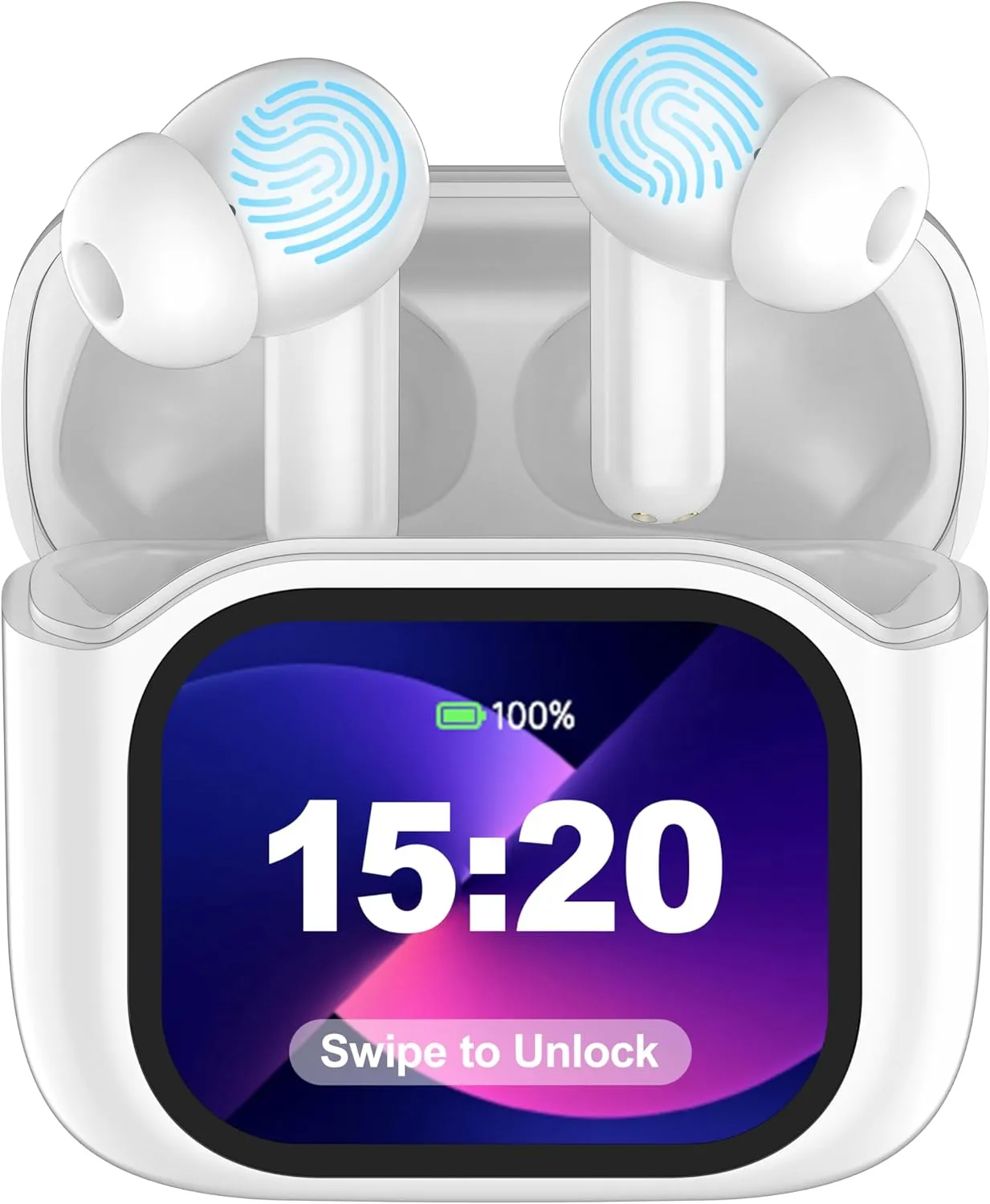 AI Language Translation Earbuds, in-Ear LCD Touchscreen Real-Time Translator for 144 Languages & Accents, HD Sound, Long Battery Life, Ideal for Travel and Business, White