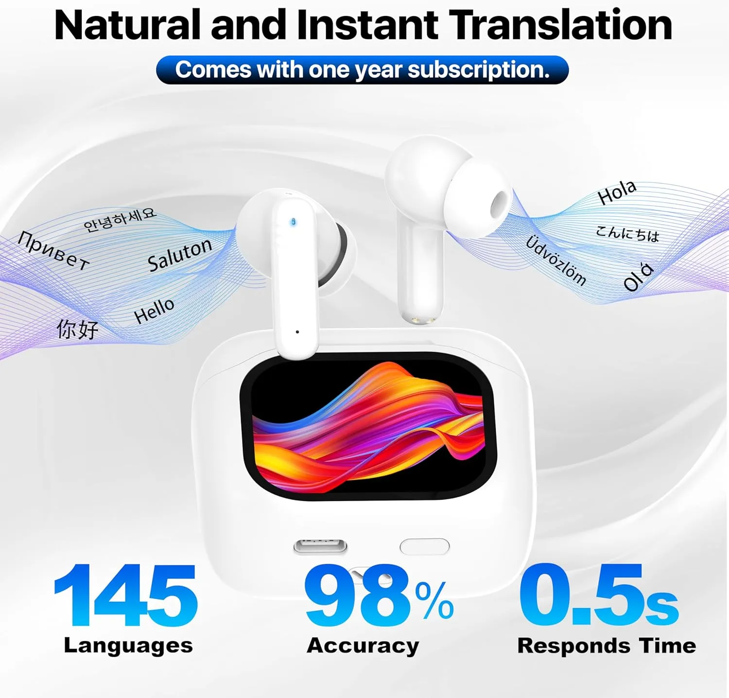 AI Language Translation Earbuds, in-Ear LCD Touchscreen Real-Time Translator for 144 Languages & Accents, HD Sound, Long Battery Life, Ideal for Travel and Business, White