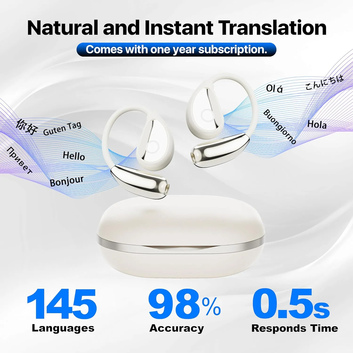 AI Language Translator Earbuds, OWS Real-Time 3-in-1 Translation Earbuds 144 Languages & Accents, Translation Device for Travel Business LearningWhite
