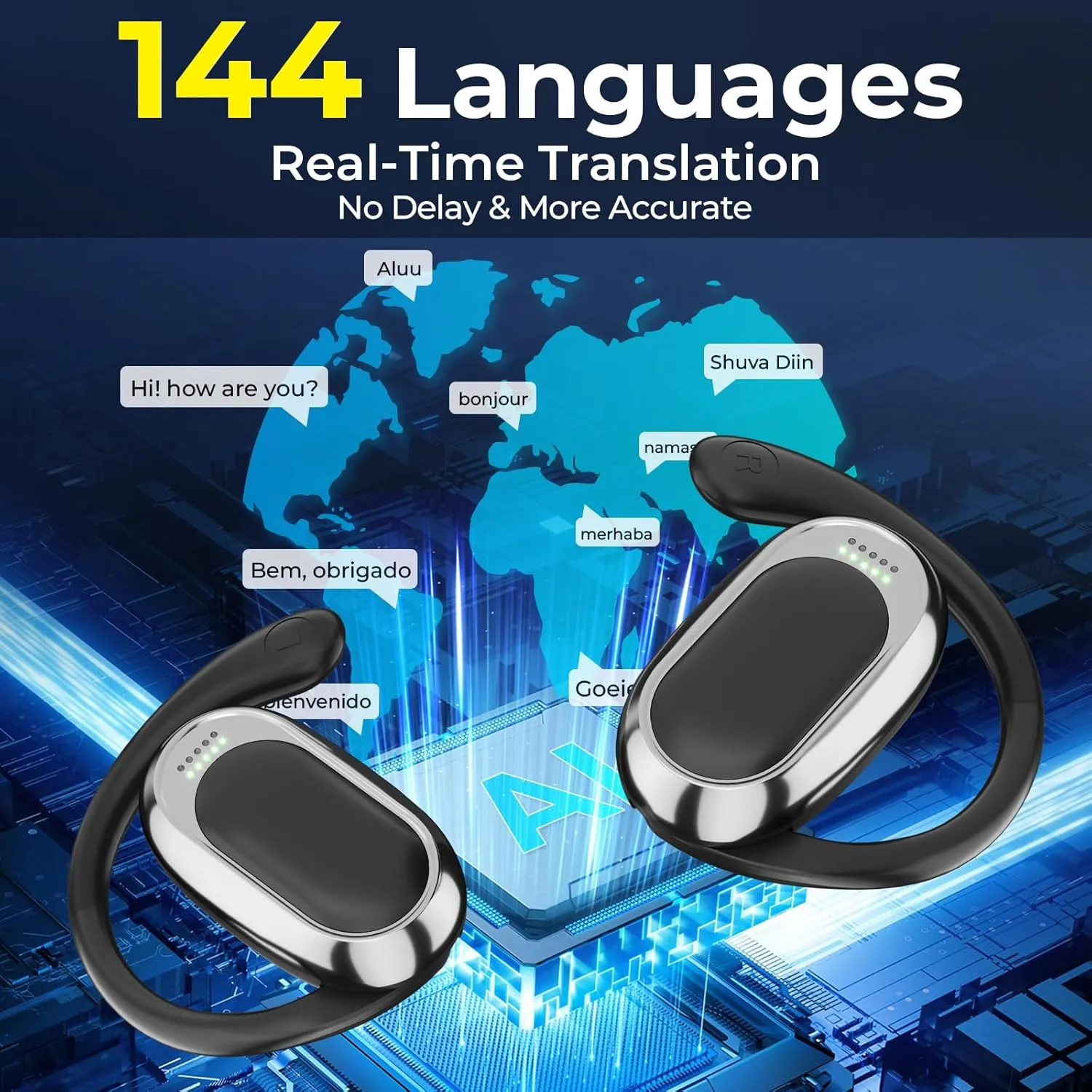 AI Translation Earbuds Real Time, 144 Languages Translator Earbuds Device, 5-in-1 Translation Music Calls Transcription AI Assistant Wireless Headphones Travel Business Learning (Black)