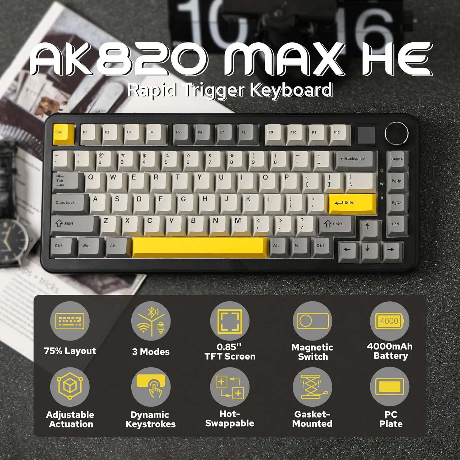 AJAZZ AK820 MAX HE Hall Effect Magnetic Gaming Keyboard, Adjustable Actuation, 3 Modes Wireless Rapid Fast Keyboard with Screen & Knob, Creamy Gasket, RGB Backlight, NKRO for Win/Mac (Black)