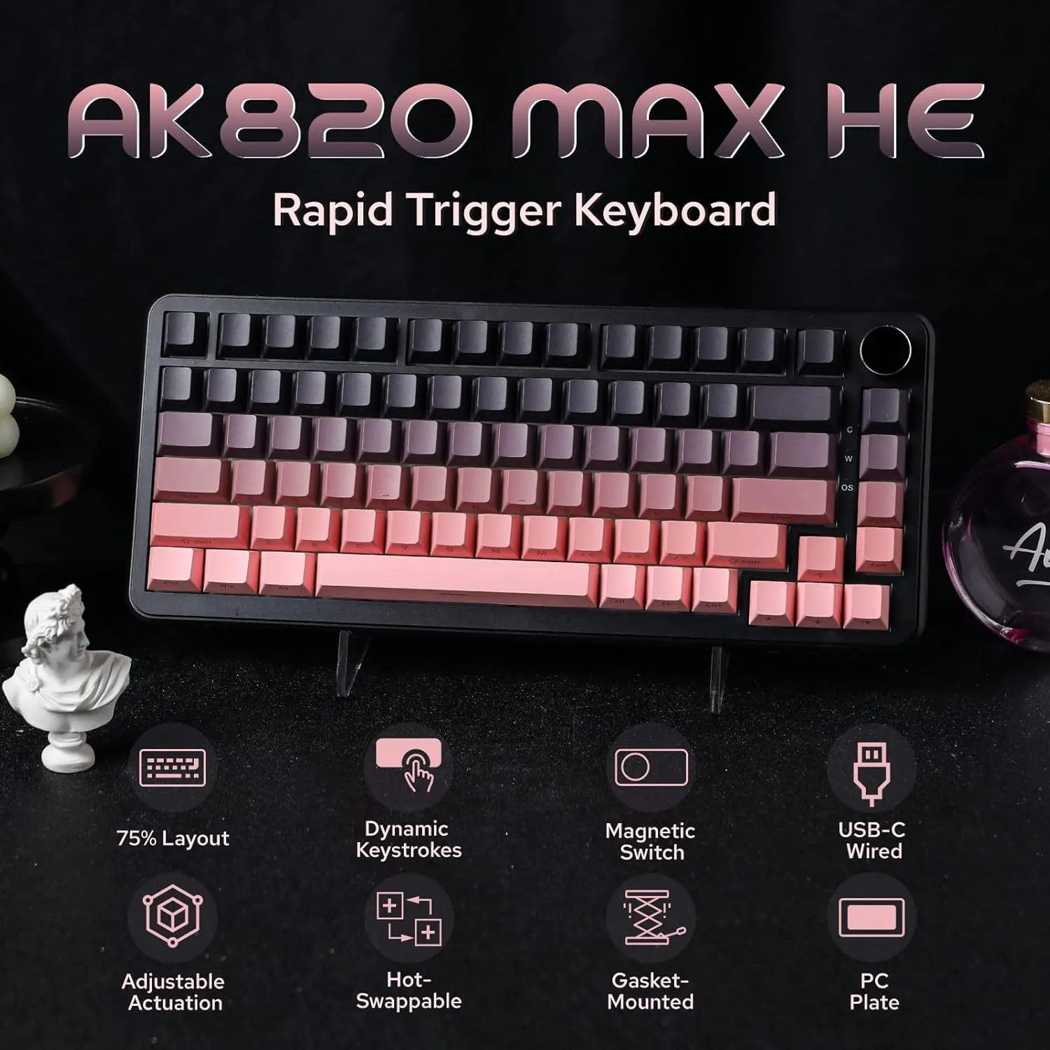 AJAZZ AK820 MAX HE Hall Effect Magnetic Gaming Keyboard, Adjustable Actuation, 8KHz Polling Rate, Wired Rapid Fast Keyboard, Creamy Gasket, RGB Backlight, NKRO for Win/Mac (Black Pink)
