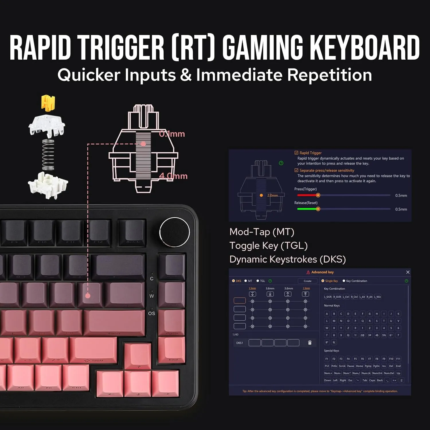 AJAZZ AK820 MAX HE Hall Effect Magnetic Gaming Keyboard, Adjustable Actuation, 8KHz Polling Rate, Wired Rapid Fast Keyboard, Creamy Gasket, RGB Backlight, NKRO for Win/Mac (Black Pink)