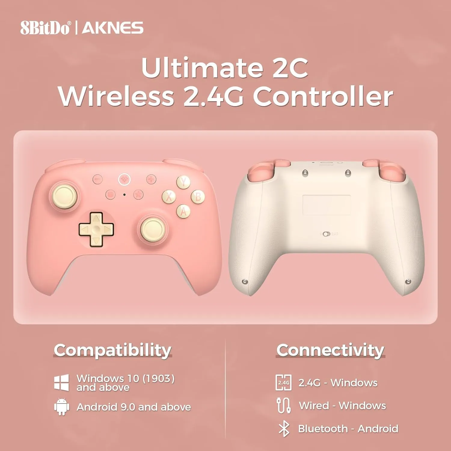 AKNES 8Bitdo Ultimate 2C Wireless 2.4G Controller for Windows PC and Android, Gamepad with Hall Effect Joysticks and Hall Triggers, 1000Hz Polling Rate, Remappable L4/R4 Bumpers - Peach