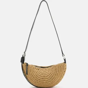 AllSaints Half Moon Crochet Crossbody Bag in Almond