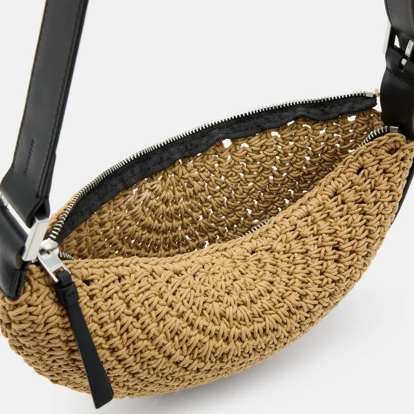 AllSaints Half Moon Crochet Crossbody Bag in Almond