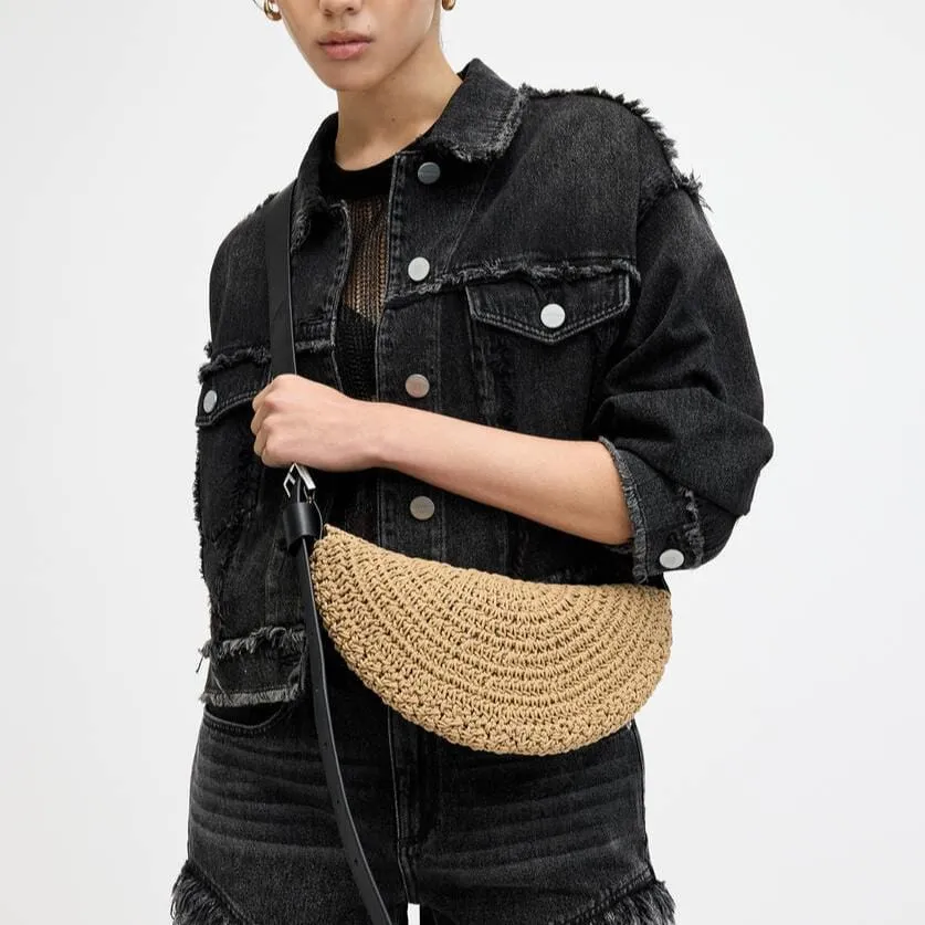 AllSaints Half Moon Crochet Crossbody Bag in Almond