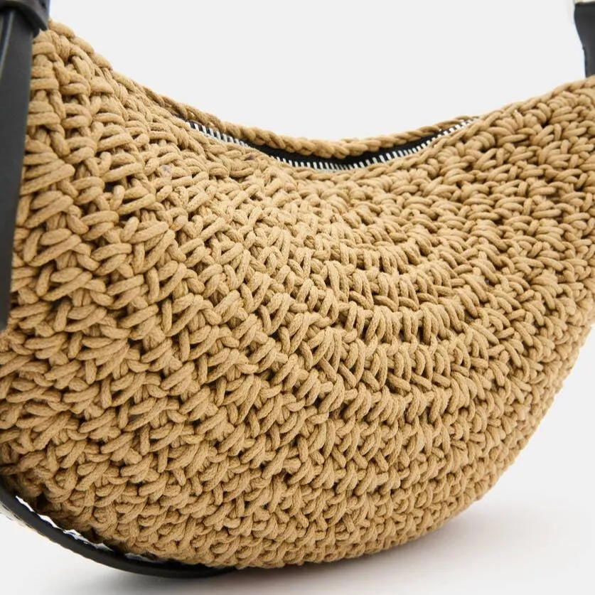 AllSaints Half Moon Crochet Crossbody Bag in Almond