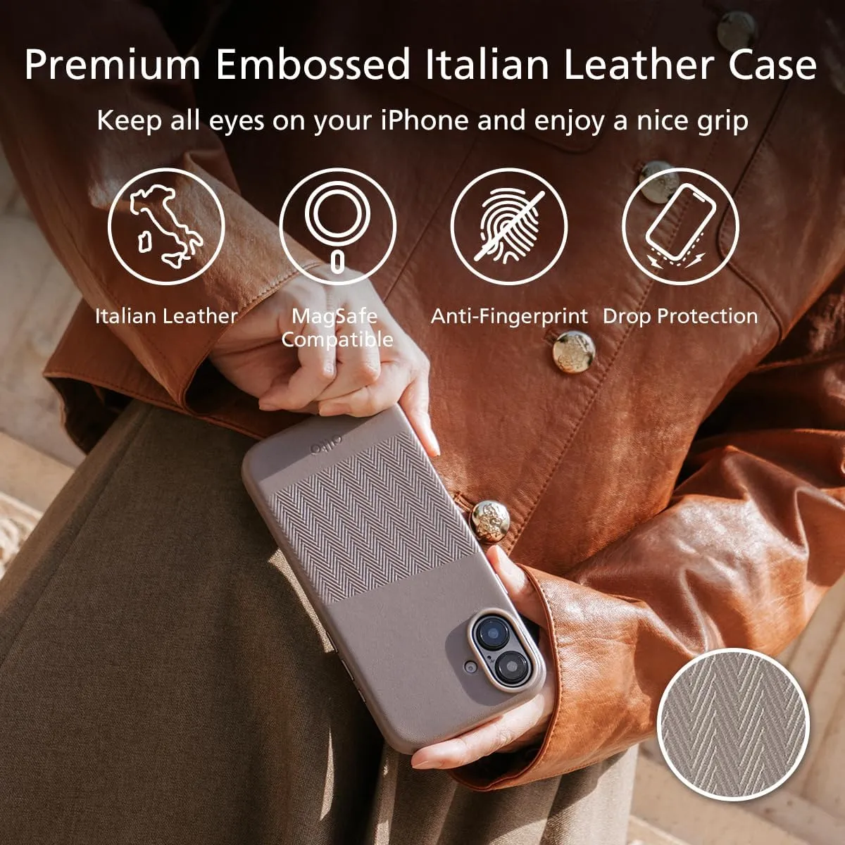 alto Compatible with iPhone 16 2024 and MagSafe, Magnetic Embossed Italian Leather Case, Herring Series Drop Protective Phone Case (iPhone 16, 6.1 inch, Embossed Cement Gray)