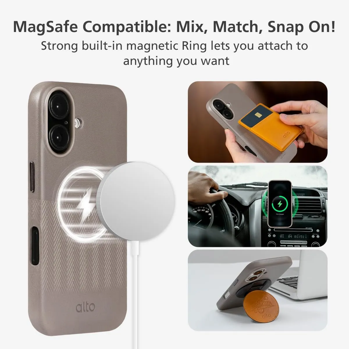 alto Compatible with iPhone 16 2024 and MagSafe, Magnetic Embossed Italian Leather Case, Herring Series Drop Protective Phone Case (iPhone 16, 6.1 inch, Embossed Cement Gray)