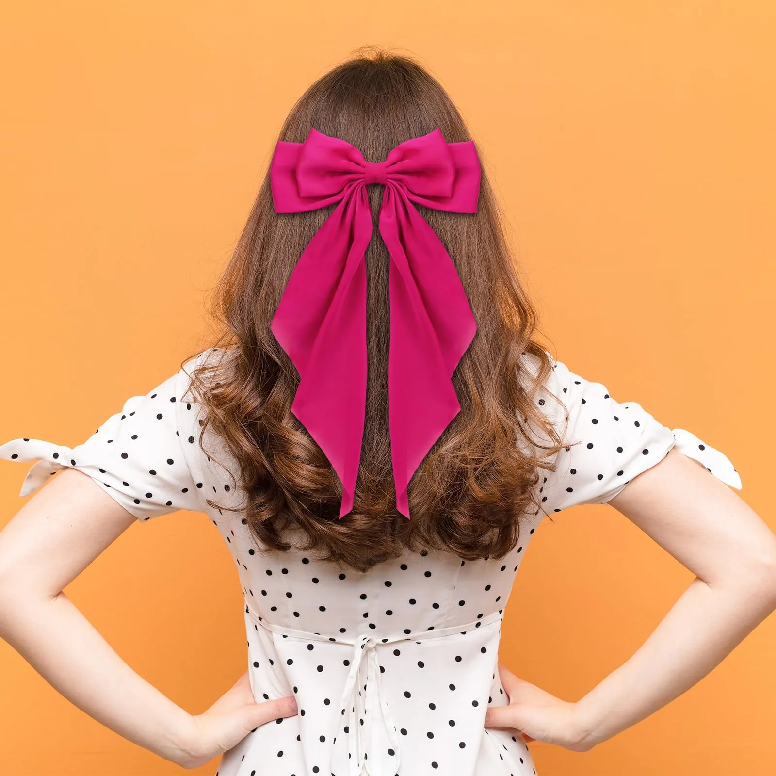 Ambesi Big Bow Hair Clips 2pcs, Satin Silky Barrettes for Women and Girls, Fuchsia Pink Long Tail French Bows for Birthday, Party, Show, Christmas, Thanksgiving