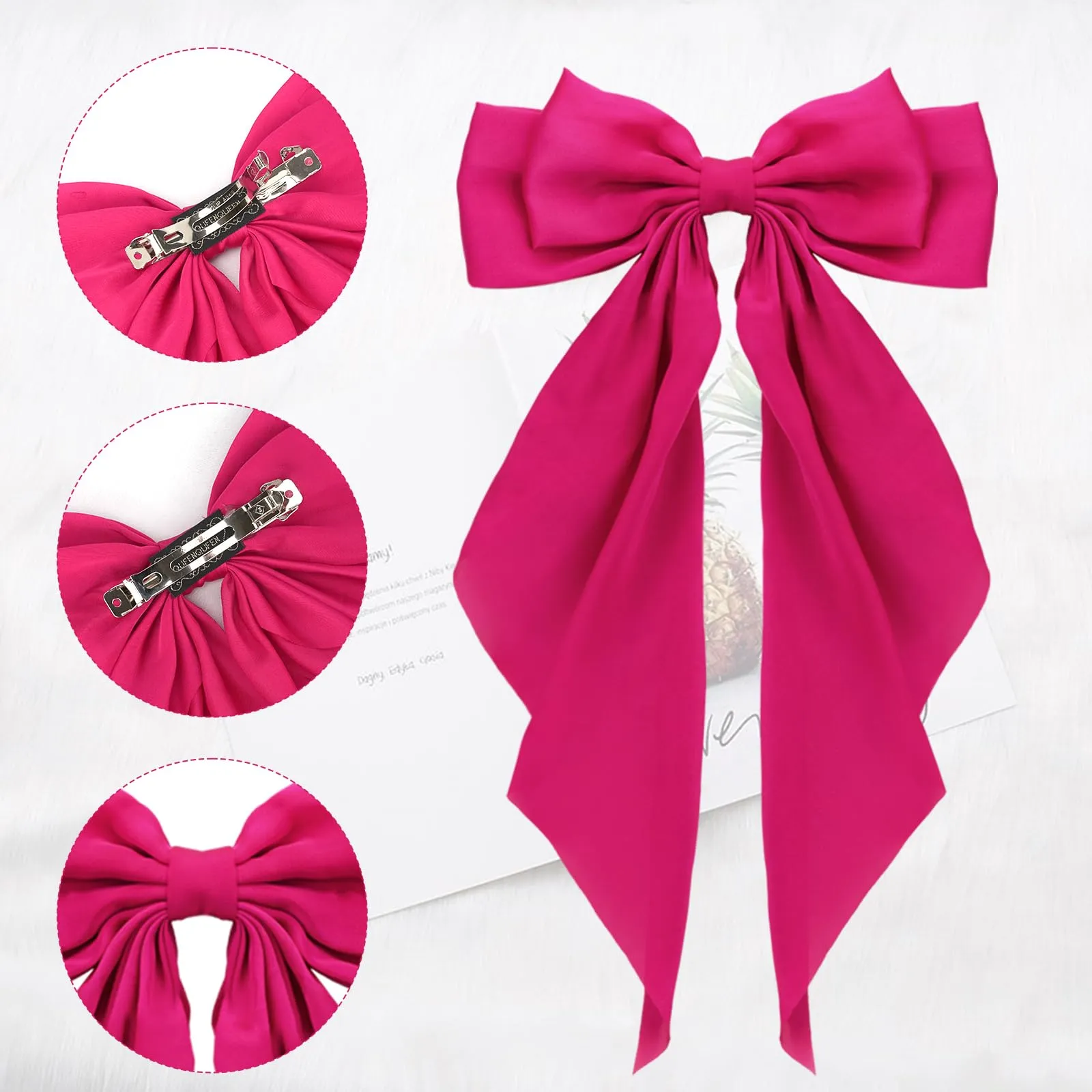 Ambesi Big Bow Hair Clips 2pcs, Satin Silky Barrettes for Women and Girls, Fuchsia Pink Long Tail French Bows for Birthday, Party, Show, Christmas, Thanksgiving