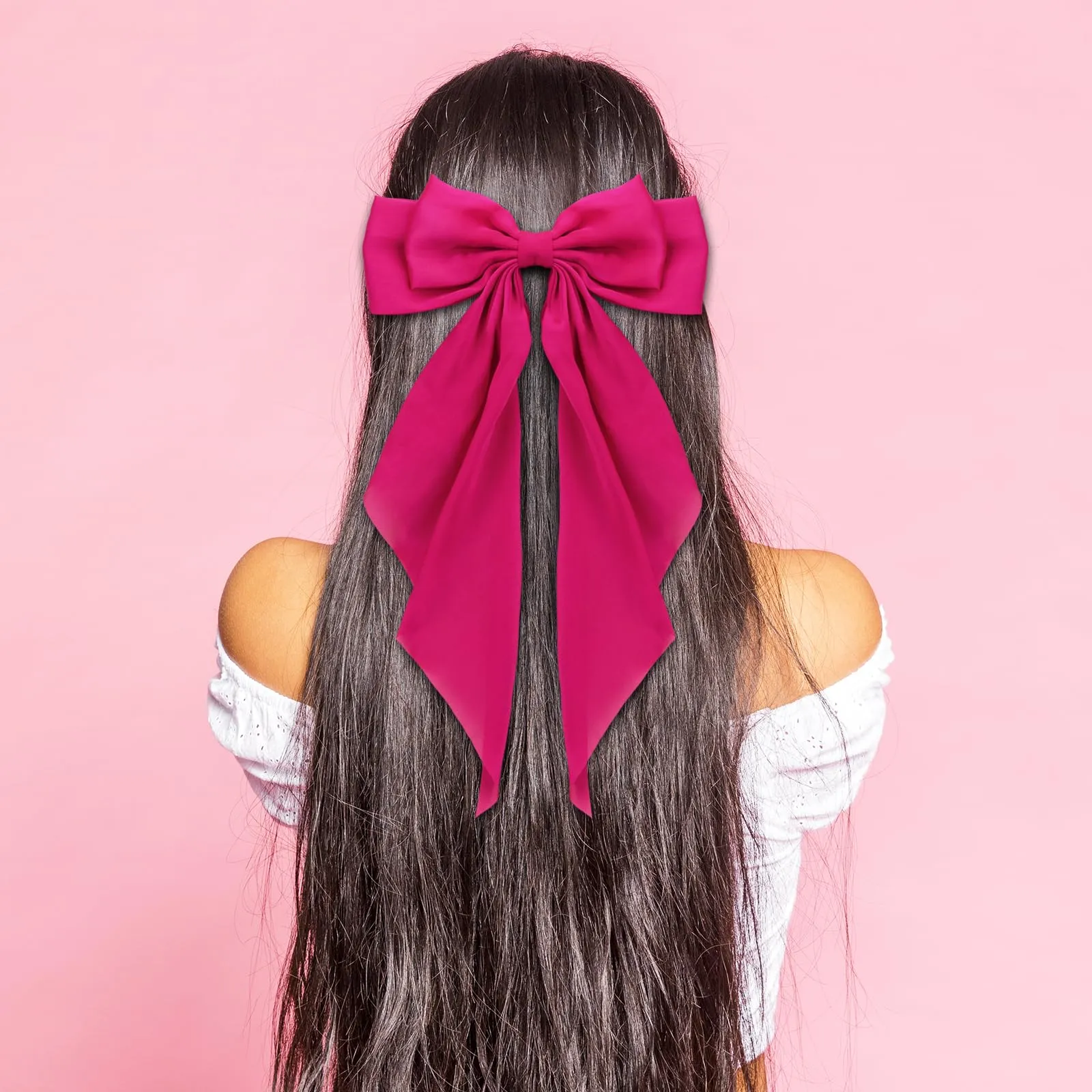 Ambesi Big Bow Hair Clips 2pcs, Satin Silky Barrettes for Women and Girls, Fuchsia Pink Long Tail French Bows for Birthday, Party, Show, Christmas, Thanksgiving