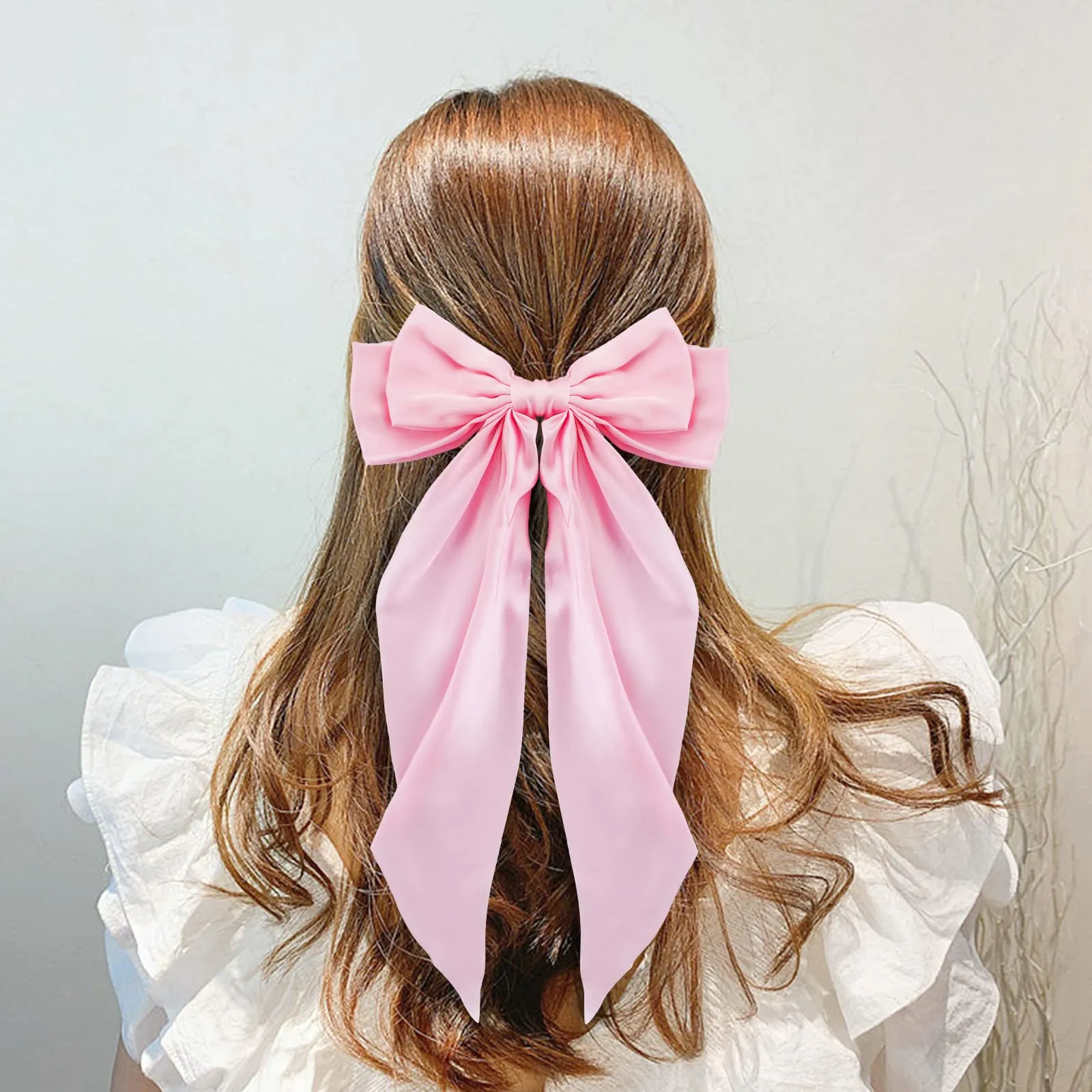 Ambesi Big Bow Hair Clips 2pcs, Satin Silky Barrettes for Women and Girls, Fuchsia Pink Long Tail French Bows for Birthday, Party, Show, Christmas, Thanksgiving