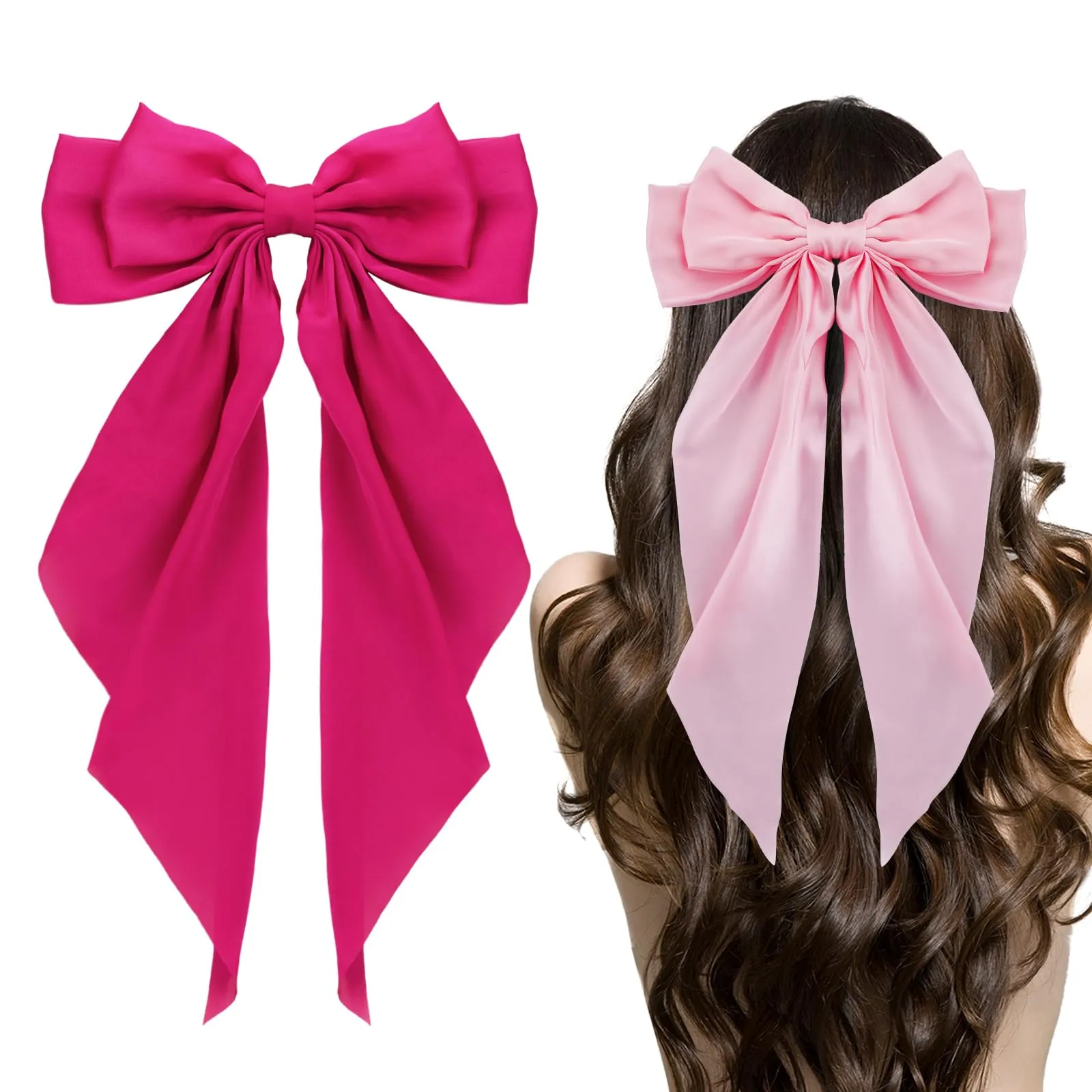 Ambesi Big Bow Hair Clips 2pcs, Satin Silky Barrettes for Women and Girls, Fuchsia Pink Long Tail French Bows for Birthday, Party, Show, Christmas, Thanksgiving