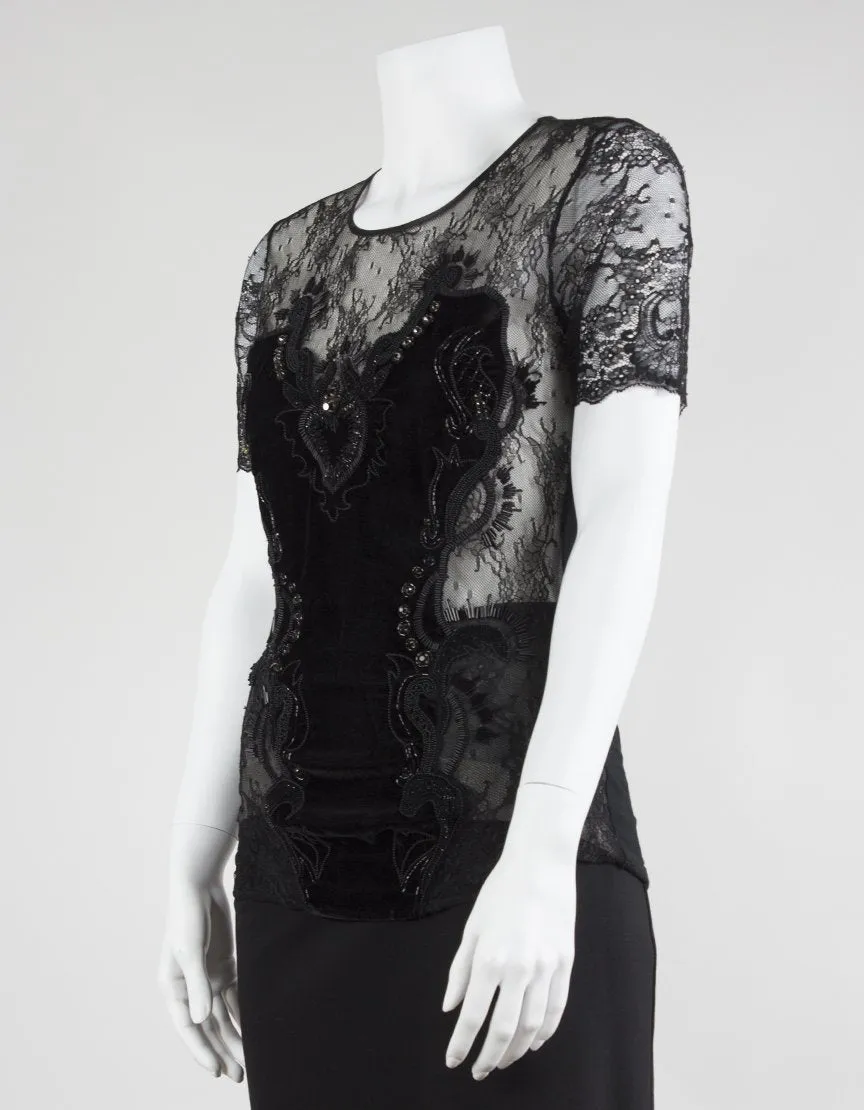 Amen Black Lace And Velvet Short Sleeved Tee - Small