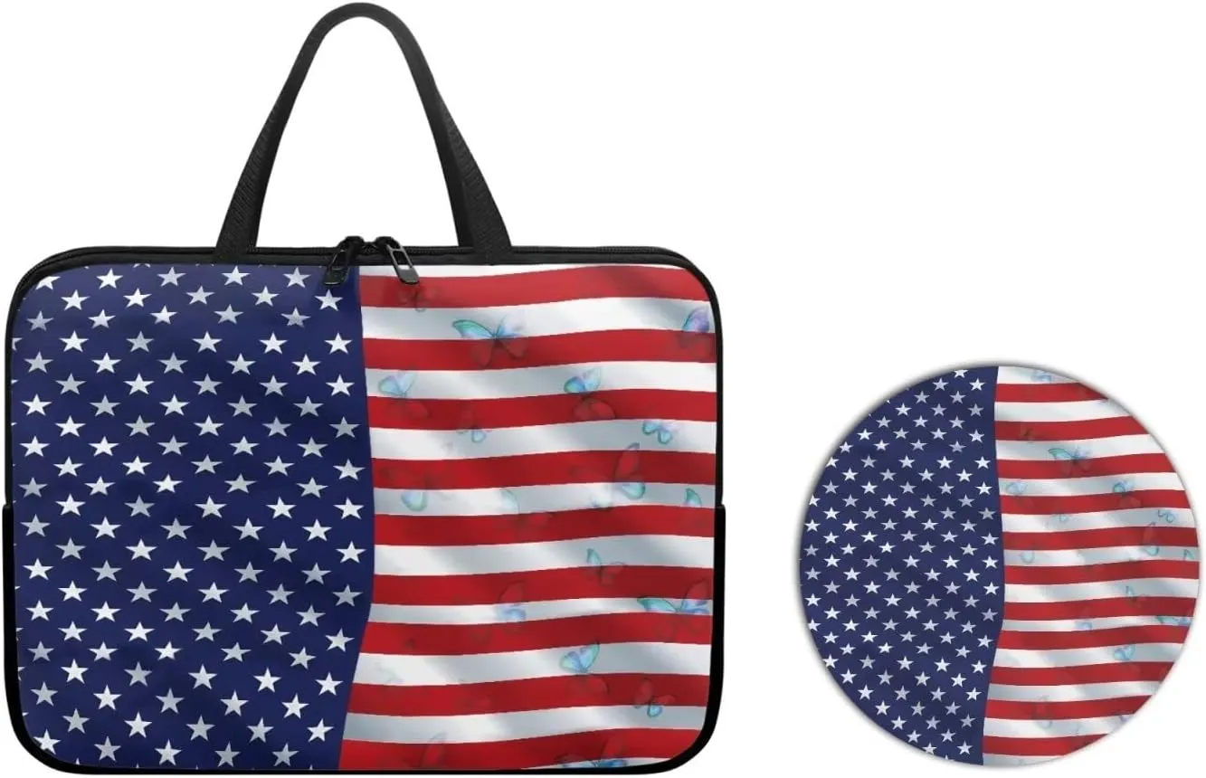 American Flag Butterfly Print 2pcs Laptop Bag with Round Mouse Pad - Neoprene Laptop Carrying Case - Minimalist Design Laptop Case with Handle - Computer Bag Multicolor 13Inches