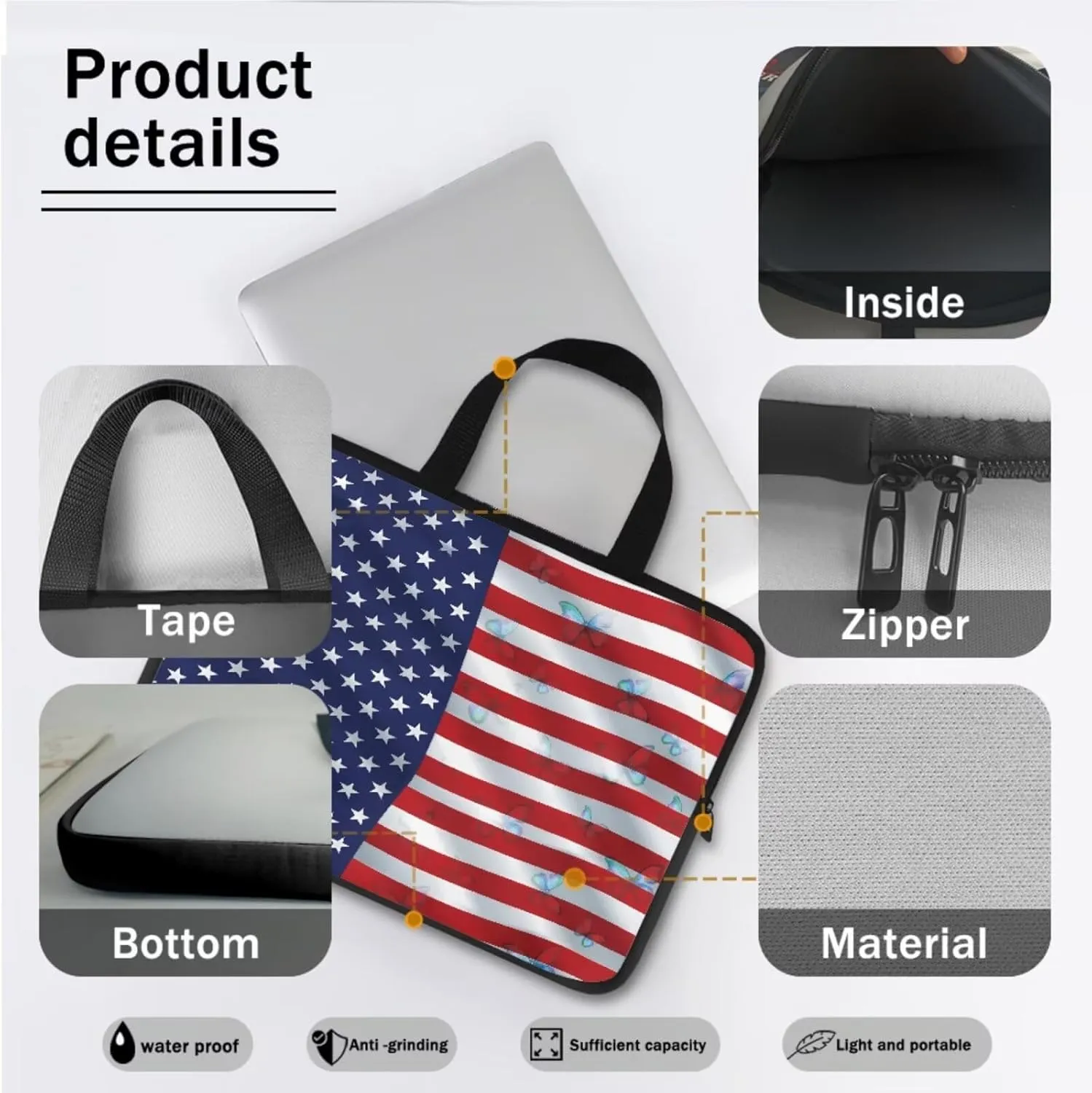 American Flag Butterfly Print 2pcs Laptop Bag with Round Mouse Pad - Neoprene Laptop Carrying Case - Minimalist Design Laptop Case with Handle - Computer Bag Multicolor 13Inches