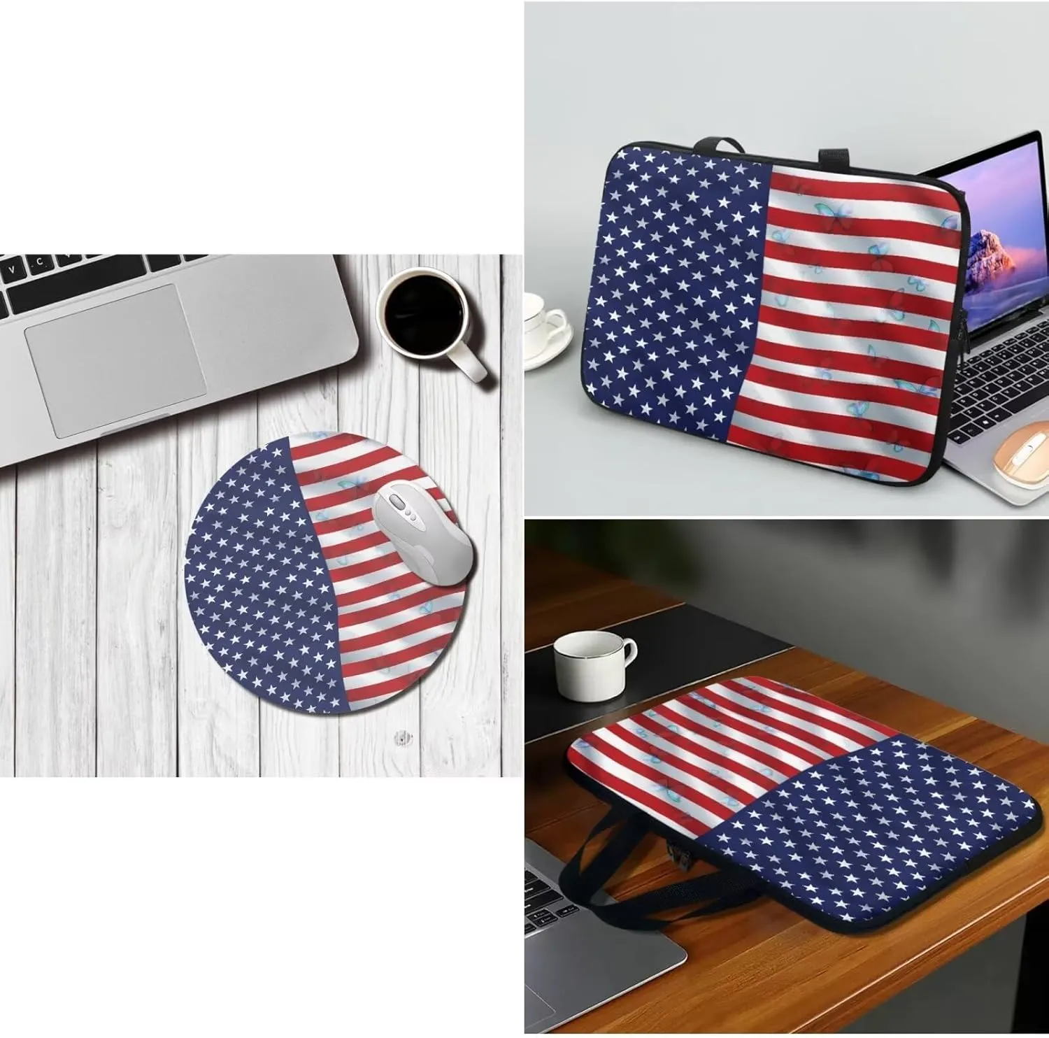 American Flag Butterfly Print 2pcs Laptop Bag with Round Mouse Pad - Neoprene Laptop Carrying Case - Minimalist Design Laptop Case with Handle - Computer Bag Multicolor 13Inches