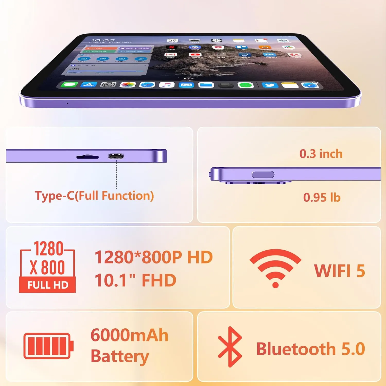 Android Tablet,10 inch Tablets 2025,8GB (4 4) RAM 128GB Storage (Expandable),Octa-Core Processor,HD Display,Dual Cameras,6000mAh Battery,GPS, Wi-Fi 5,Bluetooth 5.0,Incell Screen,Metal Shell