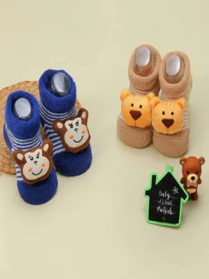 Animal Stuffed Toy Socks for Boys, Cozy Cotton Blend for Boys,Twin Pack Brown & Blue