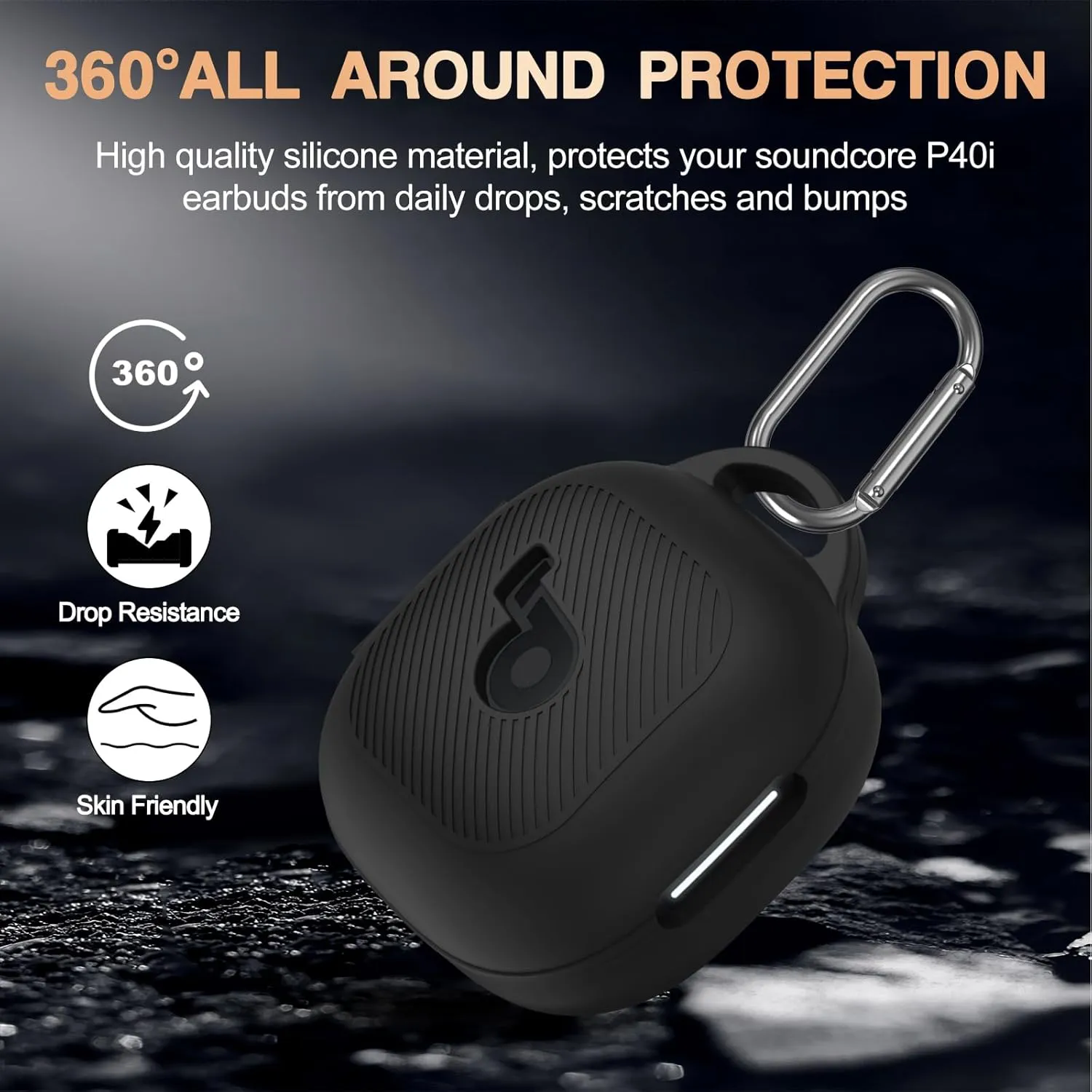 Anker PUCGUE Case Cover for Soundcore P40i, Shockproof Silicone Skin with Carabiner, Front LED & Logo Visible (Black)