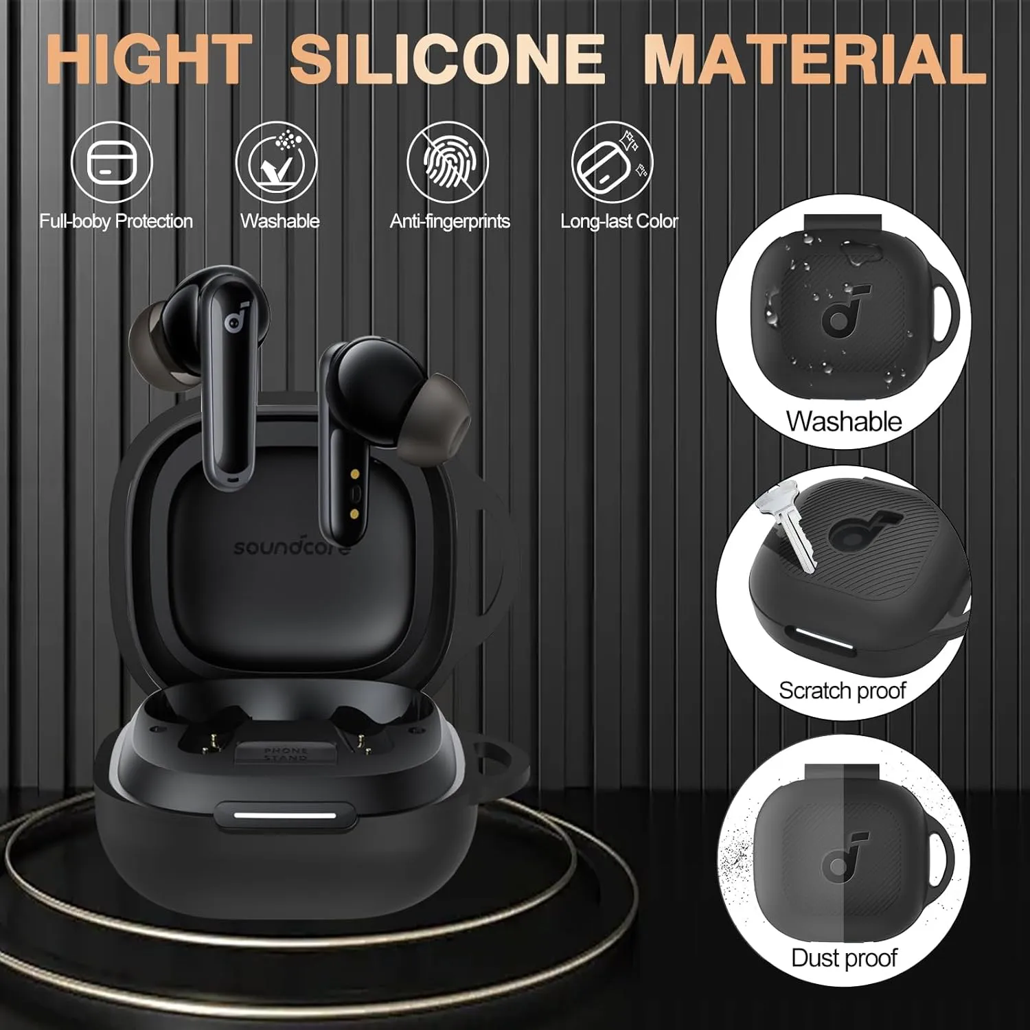 Anker PUCGUE Case Cover for Soundcore P40i, Shockproof Silicone Skin with Carabiner, Front LED & Logo Visible (Black)