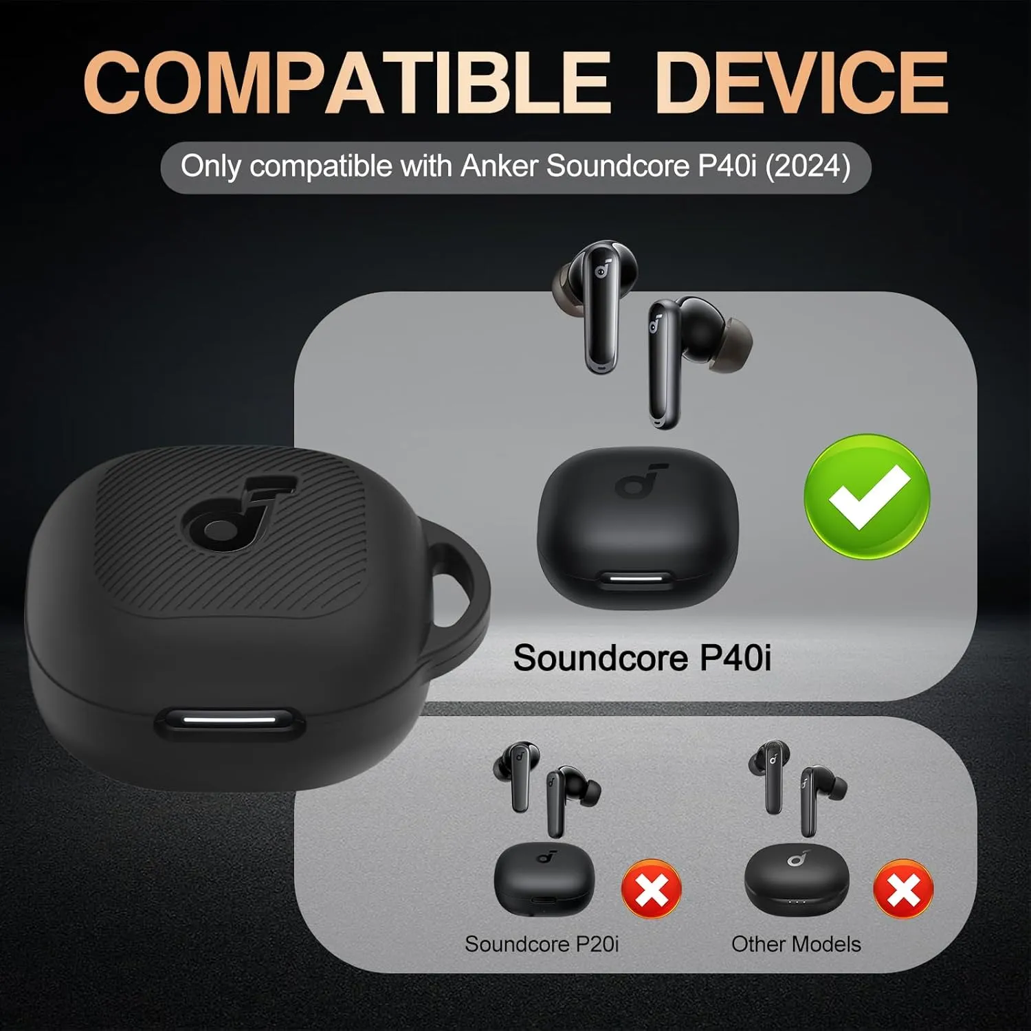Anker PUCGUE Case Cover for Soundcore P40i, Shockproof Silicone Skin with Carabiner, Front LED & Logo Visible (Black)