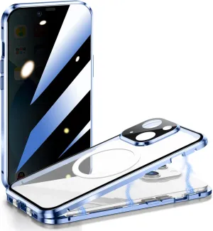 Anti Peeping Case for iPhone 13 Compatible with MagSafe 360 Degree Full Protection Magnetic Absorption Metal Bumper Front Privacy Glass Back PC Matte Cover for iPhone 13 6.1" (Blue)