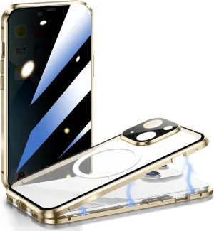 Anti Peeping Case for iPhone 13 Compatible with MagSafe 360 Degree Full Protection Magnetic Absorption Metal Bumper Front Privacy Glass Back PC Matte Cover for iPhone 13 6.1" (Gold)